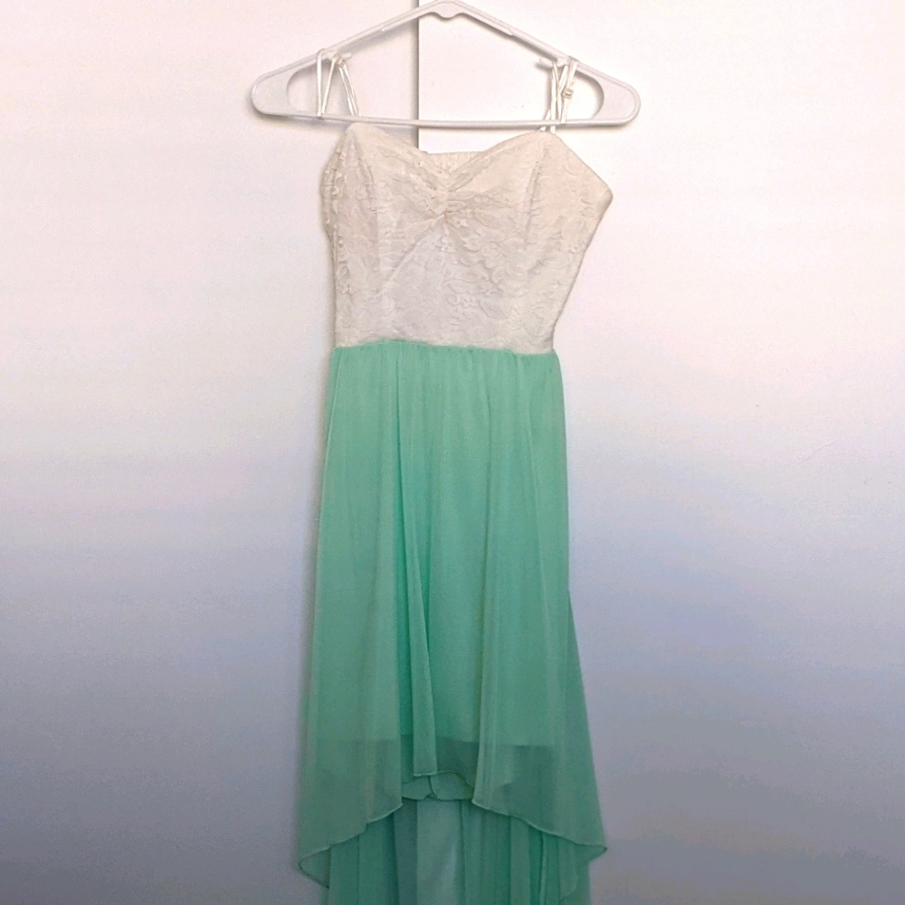 White Lace Mint Green High-Low Dress